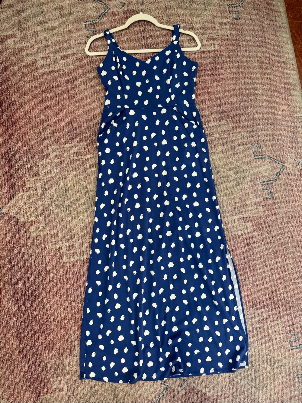 41 Hawthorne abstract polka dot strappy midi dress ruched back w/ pockets small